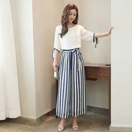 2018新款中袖露肩气质显瘦上衣条纹阔腿裤套装女