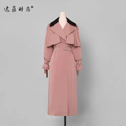 2018秋装新款欧美时尚气质百搭撞色翻领系带中长风衣外套女装