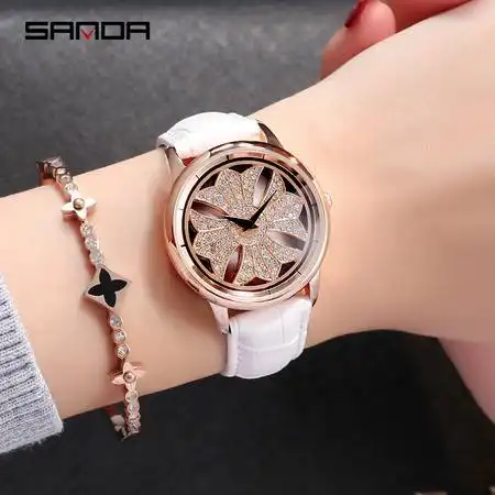 汤河店三达新款网红旋转表盘手表女正品石英表女士真皮潮流防水女表图片大全邮乐官方网站