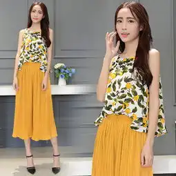 2016夏季新款女装时尚花朵背心雪纺阔腿裤两件套套装