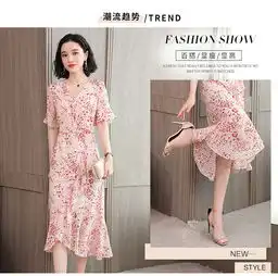 施悦名2019新款夏季女装时尚甜美修身淑女雪纺碎花连衣裙a