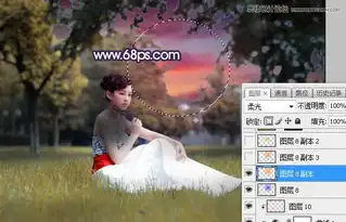 photoshop美化给草地美女添加唯美夕阳景色效果