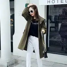 秋季新款韩版连帽宽松中长款过膝女式风衣外套女潮单排扣